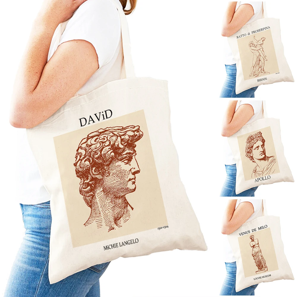 Vintage David Milo Athena Statue Women Shopping Bags Double Print Canvas Casual Travel Tote Handbag Supermarket Lady Shopper Bag