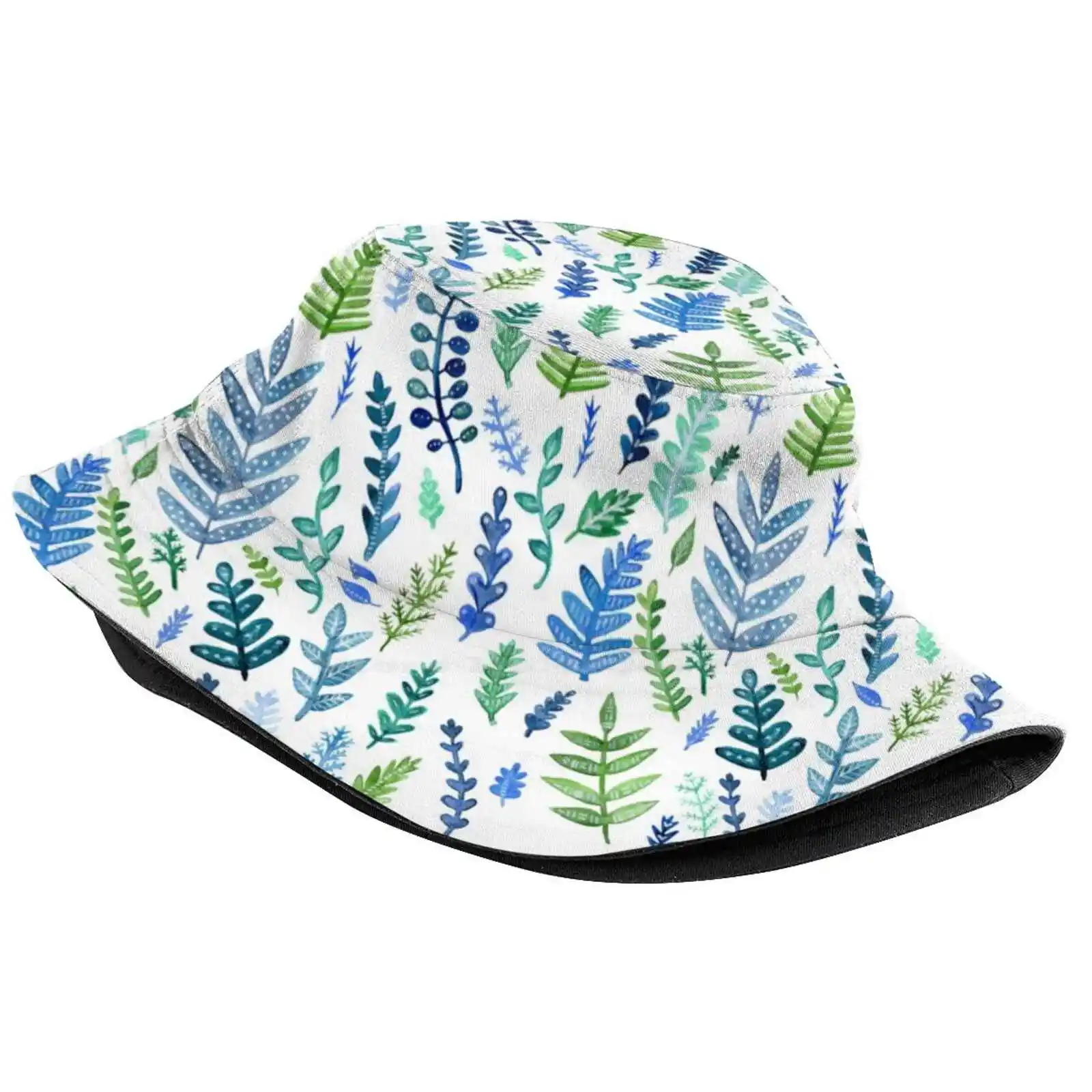 Blue And Green Watercolor Foliage Sun Cap Fisherman Hat Bucket Hats Watercolor Foliage Leaves Fern Plants Blue Green