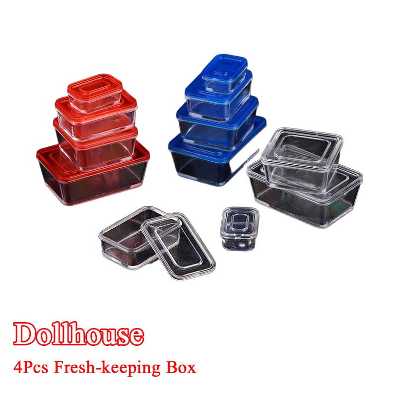 4pcs 1/12 Dollhouse Mini Fresh Keeping Box Lunch Box Model Kitchen Tableware Decoration