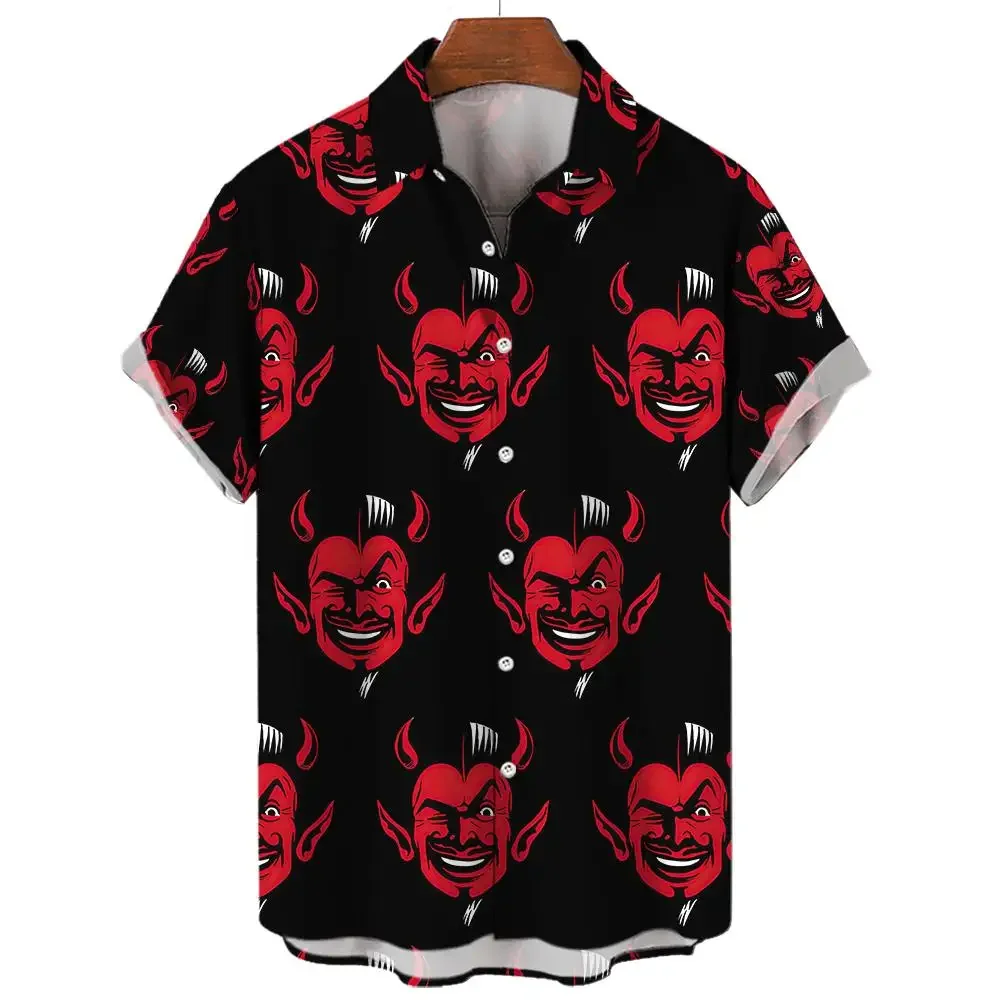 Devil Pattern Men\'s Shirt Oversized Shirt Loose Cause and Effect Double Patchwork Red Imp Party Festive Camisas Original Men\'s S