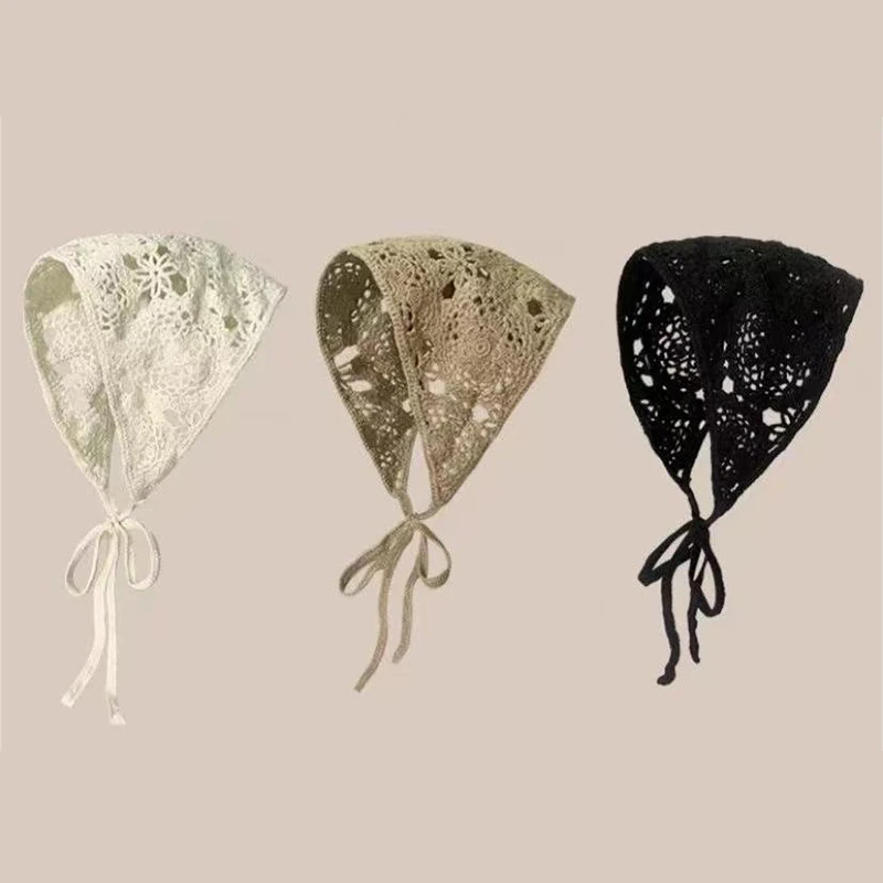 

Летний сладкий ретро однотонный вязаный треугольный тюрбан с полой вышивкой для женщин