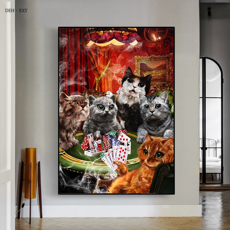 

Funny Animals Pictures Cat and Dog Dining Sushi Canvas Painting Cat Playing Poker Game Posters and Prints for Home Decoration