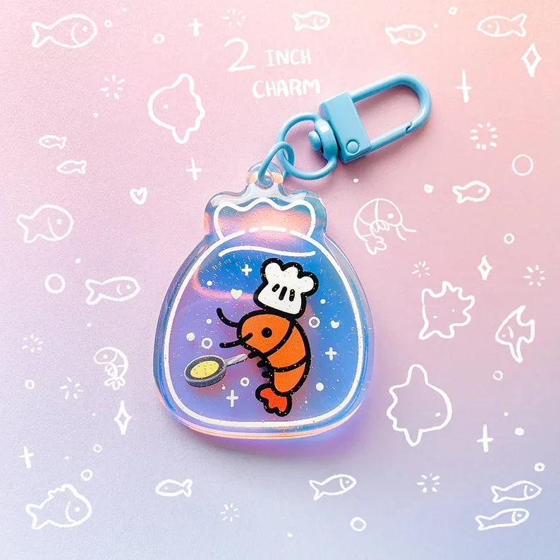 Shrimp Fried Rice 2 Inch Rainbow Acrylic Charm Keychain Funny Meme Chef Food Cute Shrimp Marine Animal