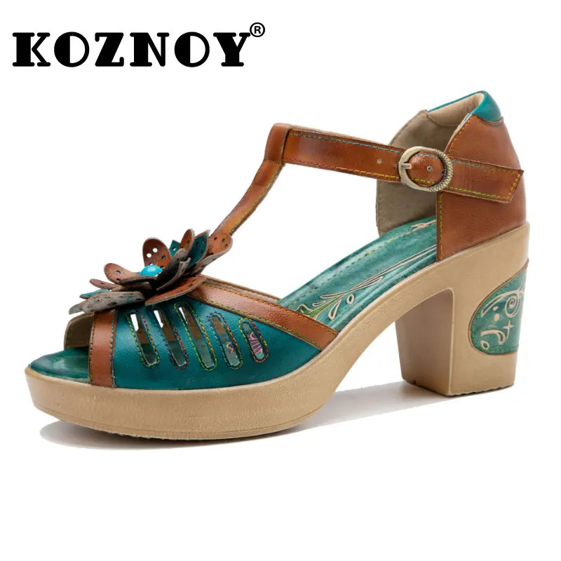 Koznoy Women Luxury Medium Heel Sandals 5cm Sheepskin Leather Summer Chunky Heels Hollow Pumps Soft Sole Leisure Elegance Shoes