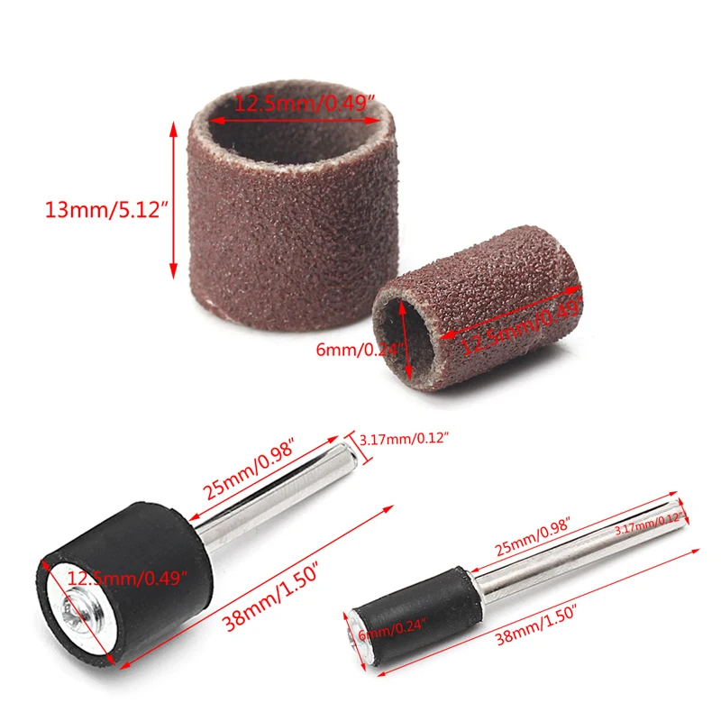 652F 100 Pcs 1/2" and 1/4" Sanding Band Sleeves Drum Kit Sandpaper Rubber 2 Mandrels