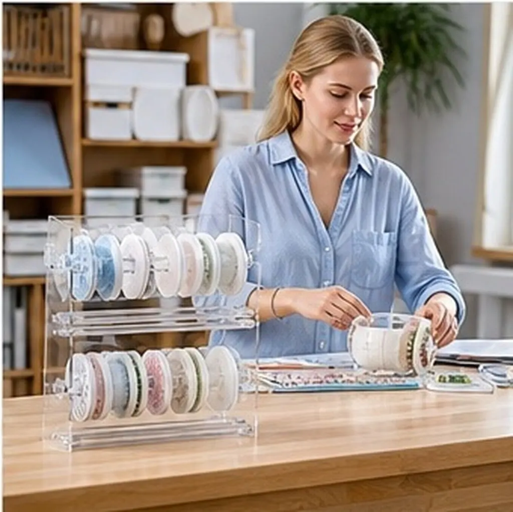 Acrylic Clear 2 Tier Label Dispenser Adjustable Sticker Roll Holder Transparent Tape Organizer for Desktop Office Classroom