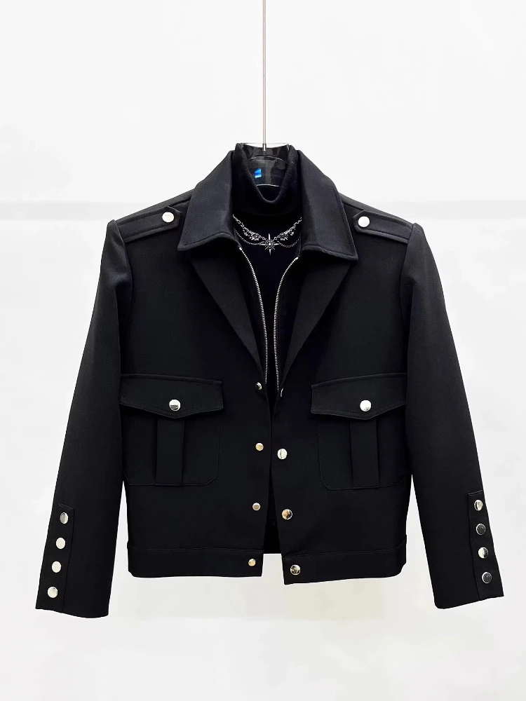 Men Vintage Double-Collar Short Jacket Spring Fall Coat with Zipper & Button Closure Casual Outerwear Techwear Streetwear