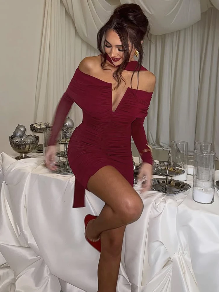 Nibber Lange Sjaal + Off-Shoulder Jurk Vrouwen Lange Mouw Plooien v-hals Perzik Butt Skinny Hoge Elasticiteit Party hipster Mini Bodycon