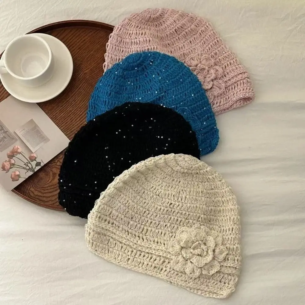 

Fashion Flower Knitted Caps Hand-woven Hollow Beanies Cap Breathable Solid Color Sequin Crochet Hat