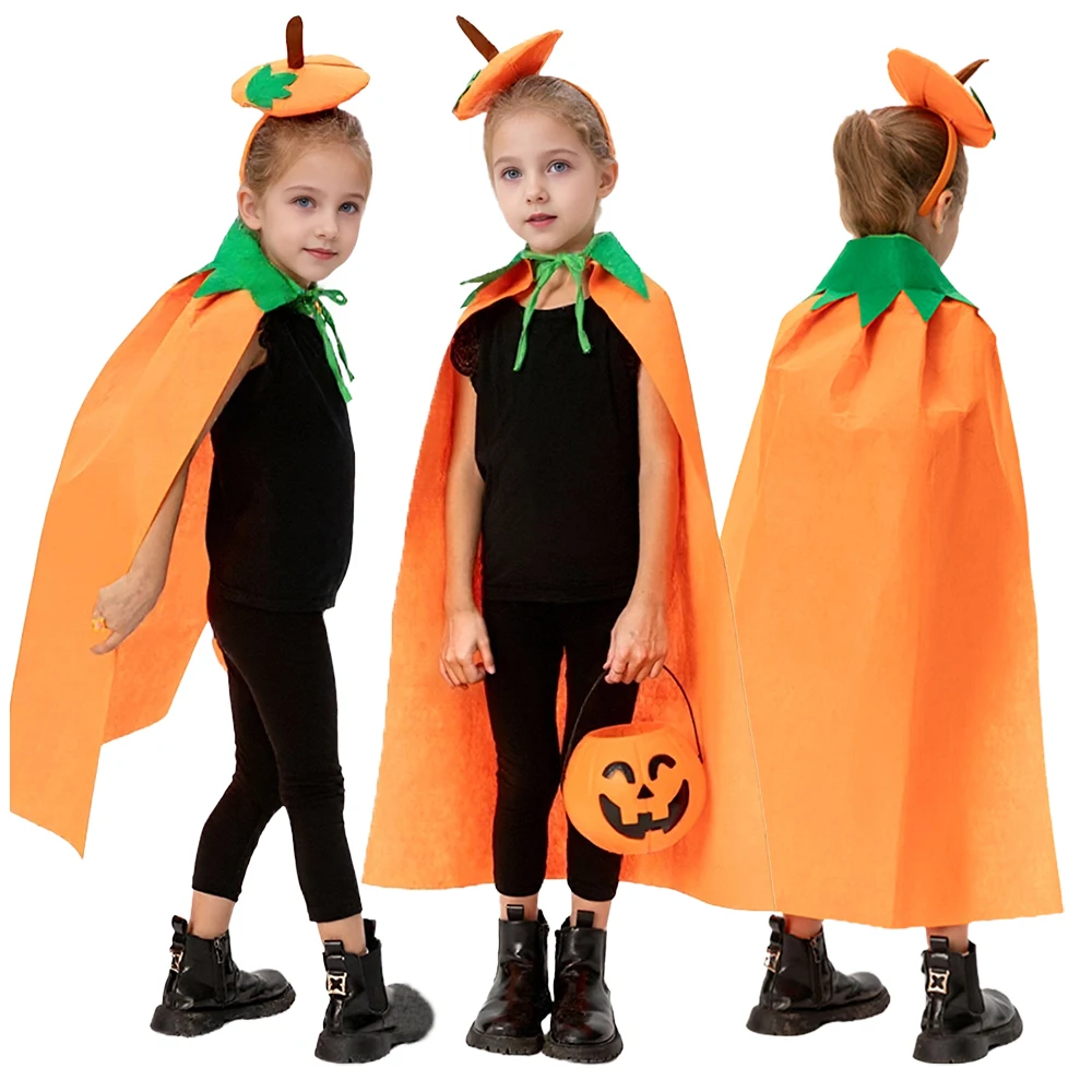 

Halloween Pumpkin Cloak Headpiece Two Piece Children Cute Pumpkin Costumes Headband Birthday Theme Party Carnival Clothing Capes
