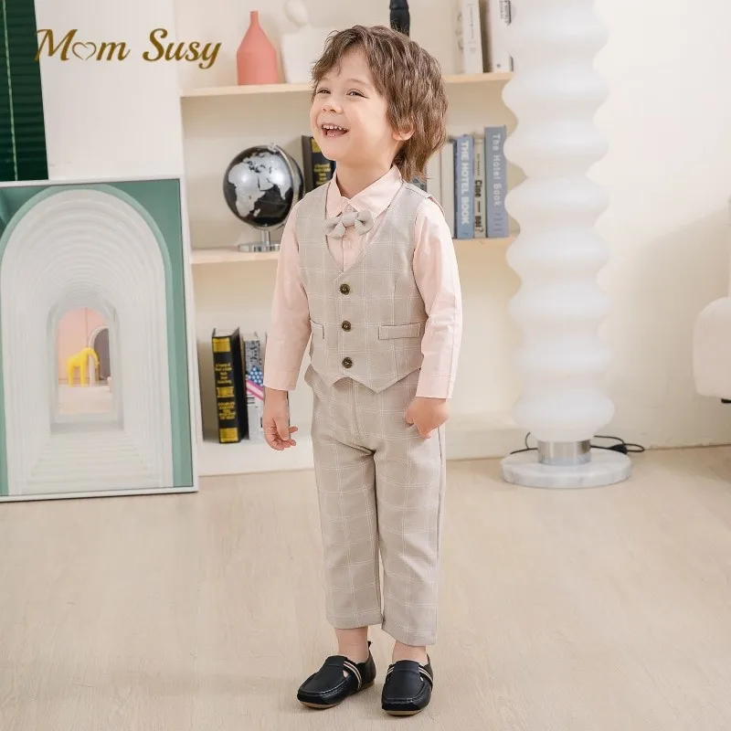 

Baby Boy Formal Clothes Set Vest+Suspender Pant+Shirt+Bow Tie 4PCS Infant Toddler Child Suit Birthday Party Baby Clothes 1-5Y
