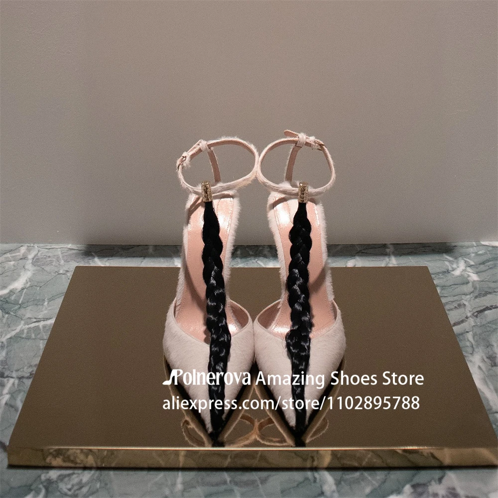 Black Braided Artificial Hair Pumps White Pony Hair High Heels T-Strap Ankle Buckle Stilettos for Women Elegant Pointed Heels