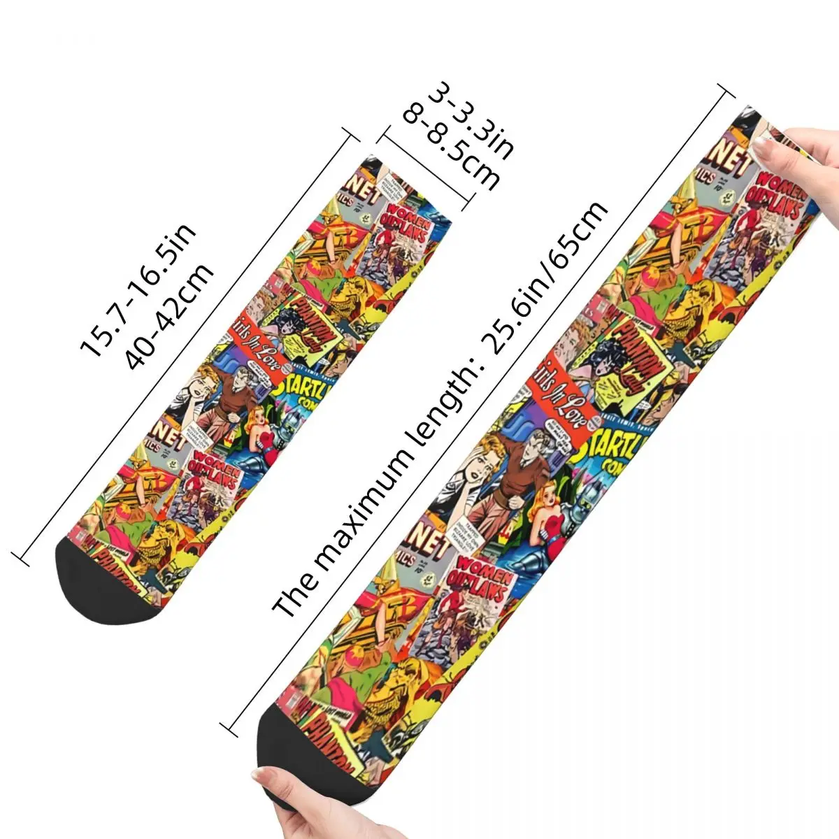 Funny Crazy Sock for Men Vintage Comic Book Collage Hip Hop Vintage Superheroes Pattern Printed Boys Crew Sock Casual Gift