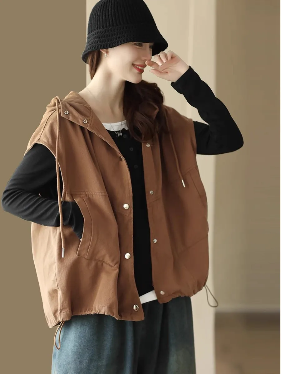 

Vintage Cotton Jacket Vest Women's Spring Autumn Loose Fit Hooded Retro Style Age Reduction Simple Design Button Closure Shor...