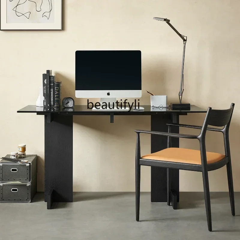 200302Desk Solid Wood Black Tempered Office Glass Table Home Italian Minimalist Computer Desk