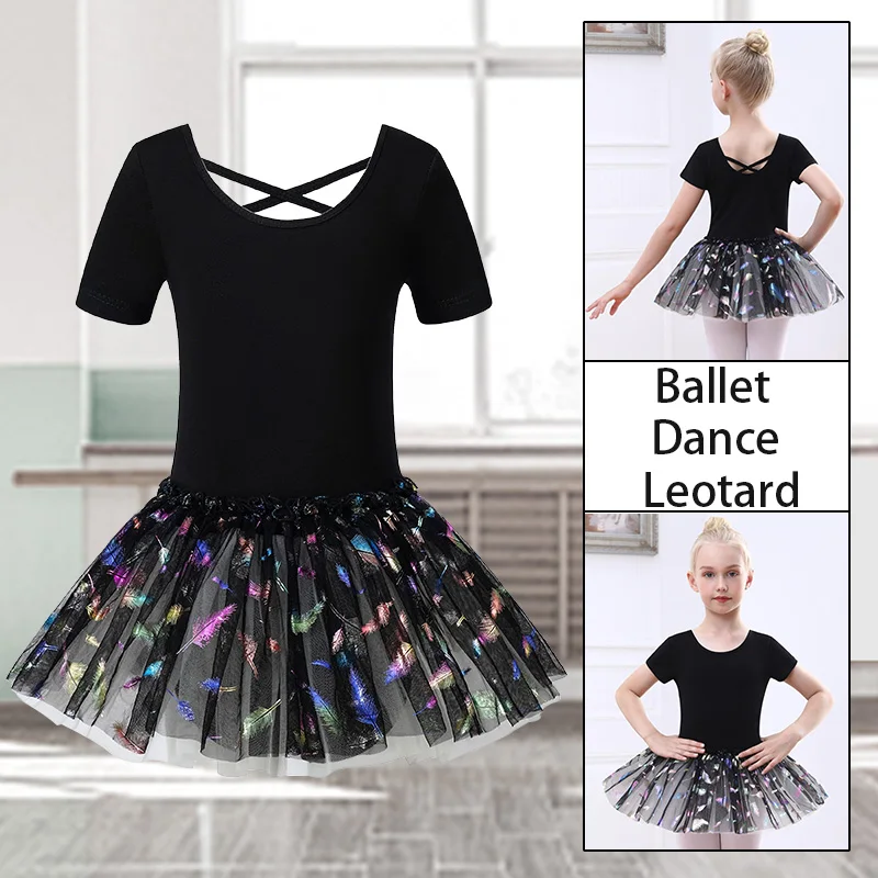 Girls Short Sleeve Dance Dress Ballet Leotard for girl Gymnastics Dance Tutu Skirts with Crisscross Back Dance Dress