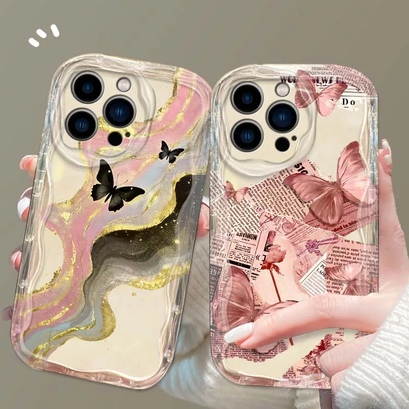 

Pink green beautiful butterfly Phone Case For Apple iPhone 16 16E 15 14 13 12 11 XR XS X Pro Max Plus Wave Oil Cover Soft Funda