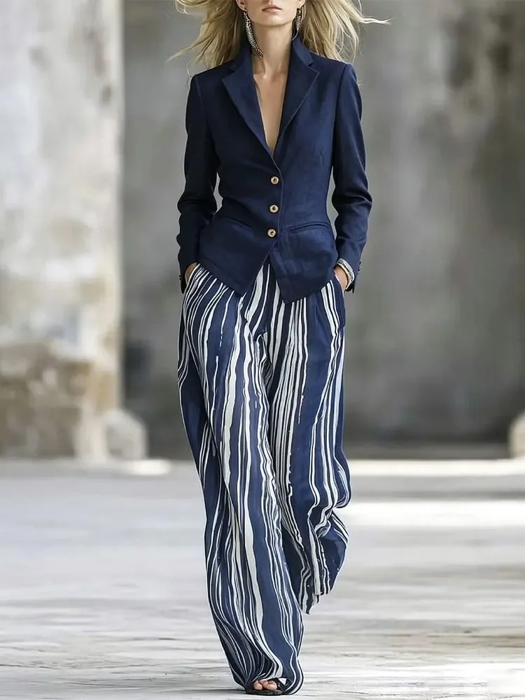 Commuting Style Long Pants Set Elegant Autumn Winter Versatile Single Breasted Long Sleeved Suit Jacket Long Pants Two-piece Set 8