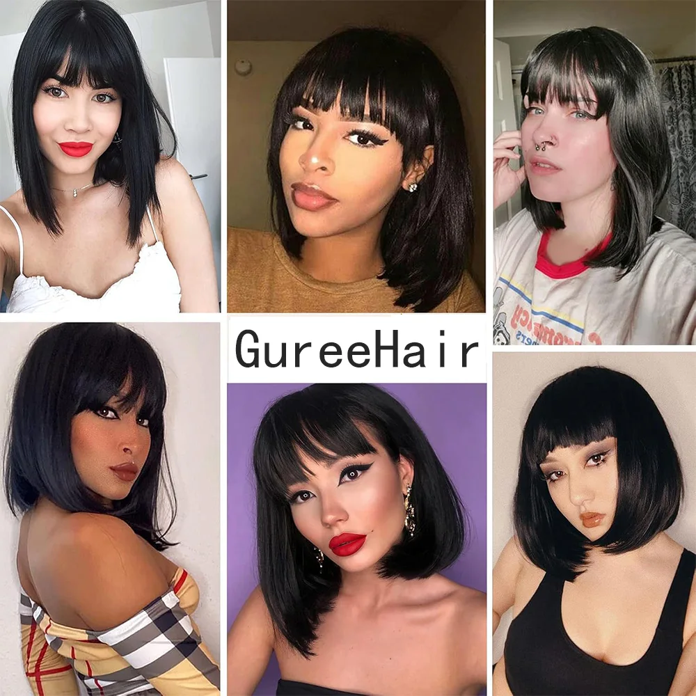 باروكات صناعية بطول 12 بوصة مع غرة، شعر مستعار أسود مستقيم، شعر مستعار أنيق، مظهر طبيعي للاستخدام اليومي للحفلات #6