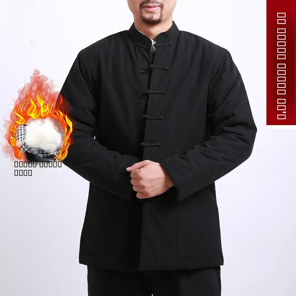 

Men's Cotton Jaet Winter Traditional Chinese Sle Stand Collar Button up Thiened Pure Cotton Old Rough Cloth Coat