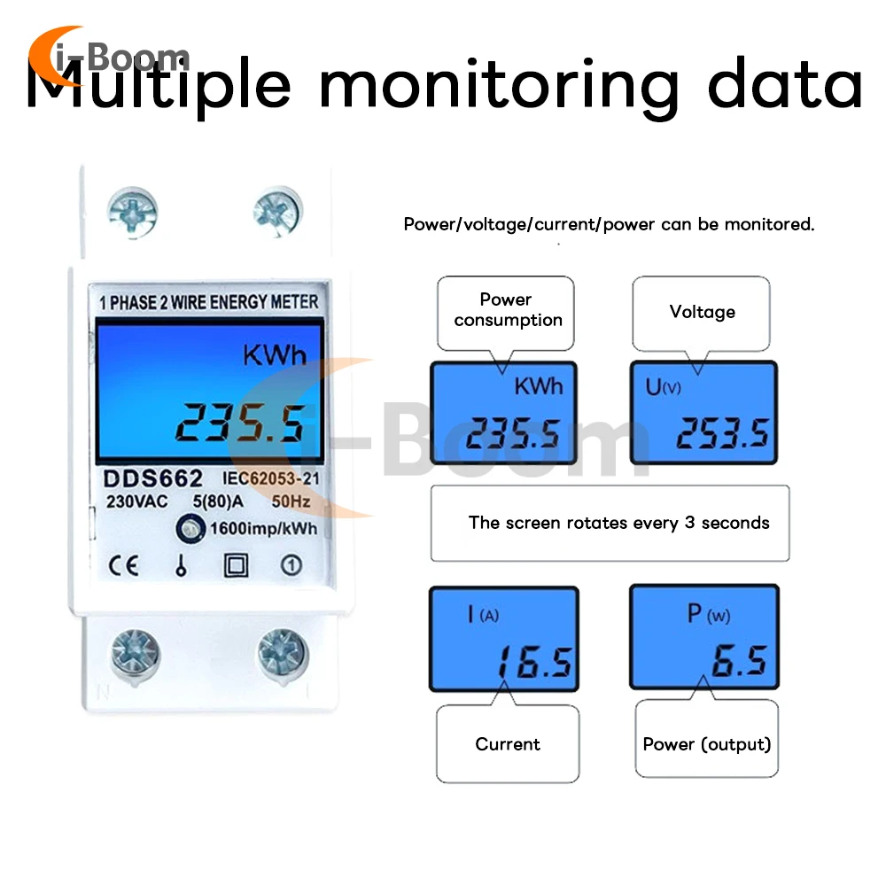 DDS662 AC 220V Single-Phase Multifunction Power Meter Led Display Real-Time Power Monitoring Rail Energy Meter