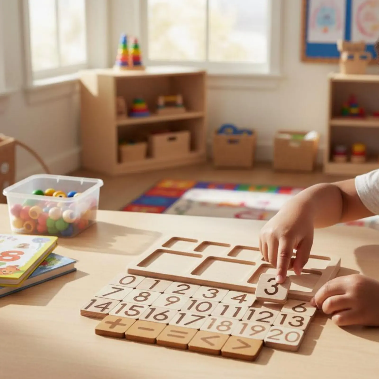 Child-Centered Math Learning Tray Sturdy Wood Wooden Number Calculation Board Number Blocks Counting Set Multifunctional