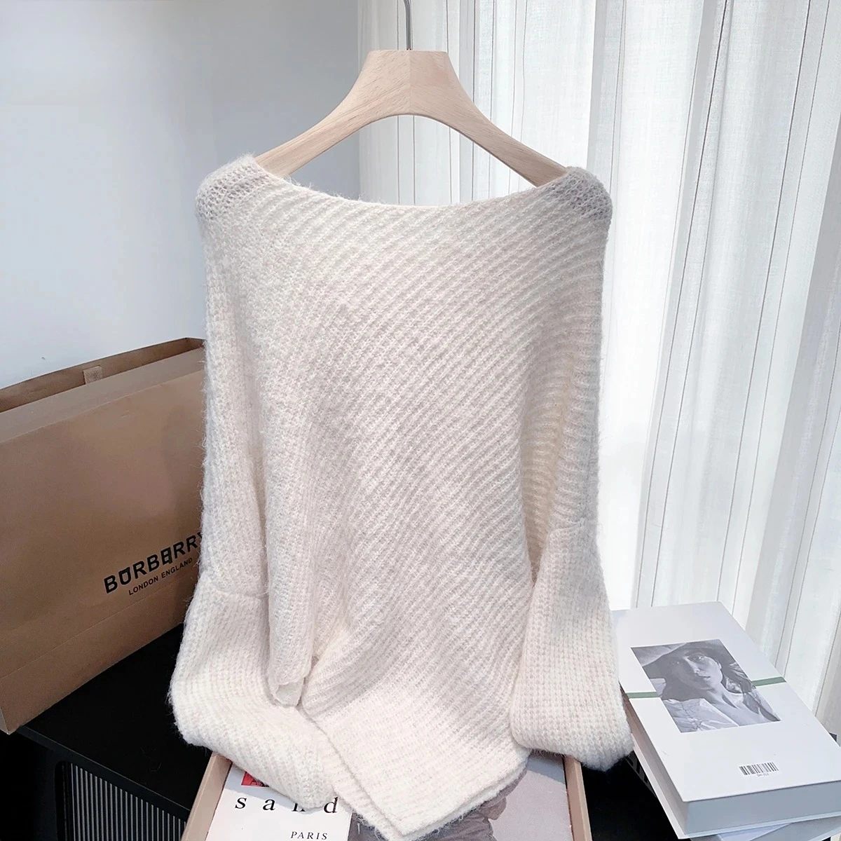 

Gentle Style Bow Ribbon 3D Flower Pullover Sweater Women's Autumn Winter Design Sweet Versatile Off-Shoulder Loose Knitted Top