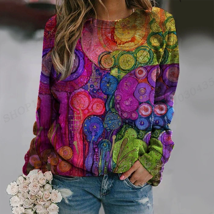 Vintage Hoodie Women Fashion Hoodies Ethnic 3d Patchwork Print Round Neck Long Sleeve Hoodies Harajuku Abstract Painting Sweats