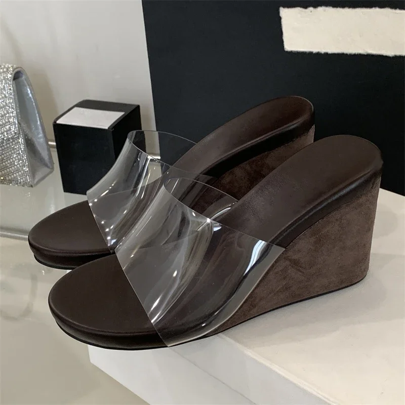 

Aneikeh/летние прозрачные тапочки на танкетке из ПВХ с леопардовым принтом, женская обувь, модные шлепанцы на высоком каблуке, Zapatos De Mujer