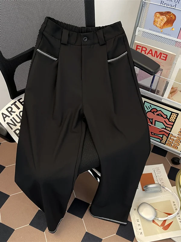 

American Style Cleanfit Hand Sewing Color Block Suit Pants Men's Trendy Straight Leg High Street Drape Wide Leg Autumn Fashion