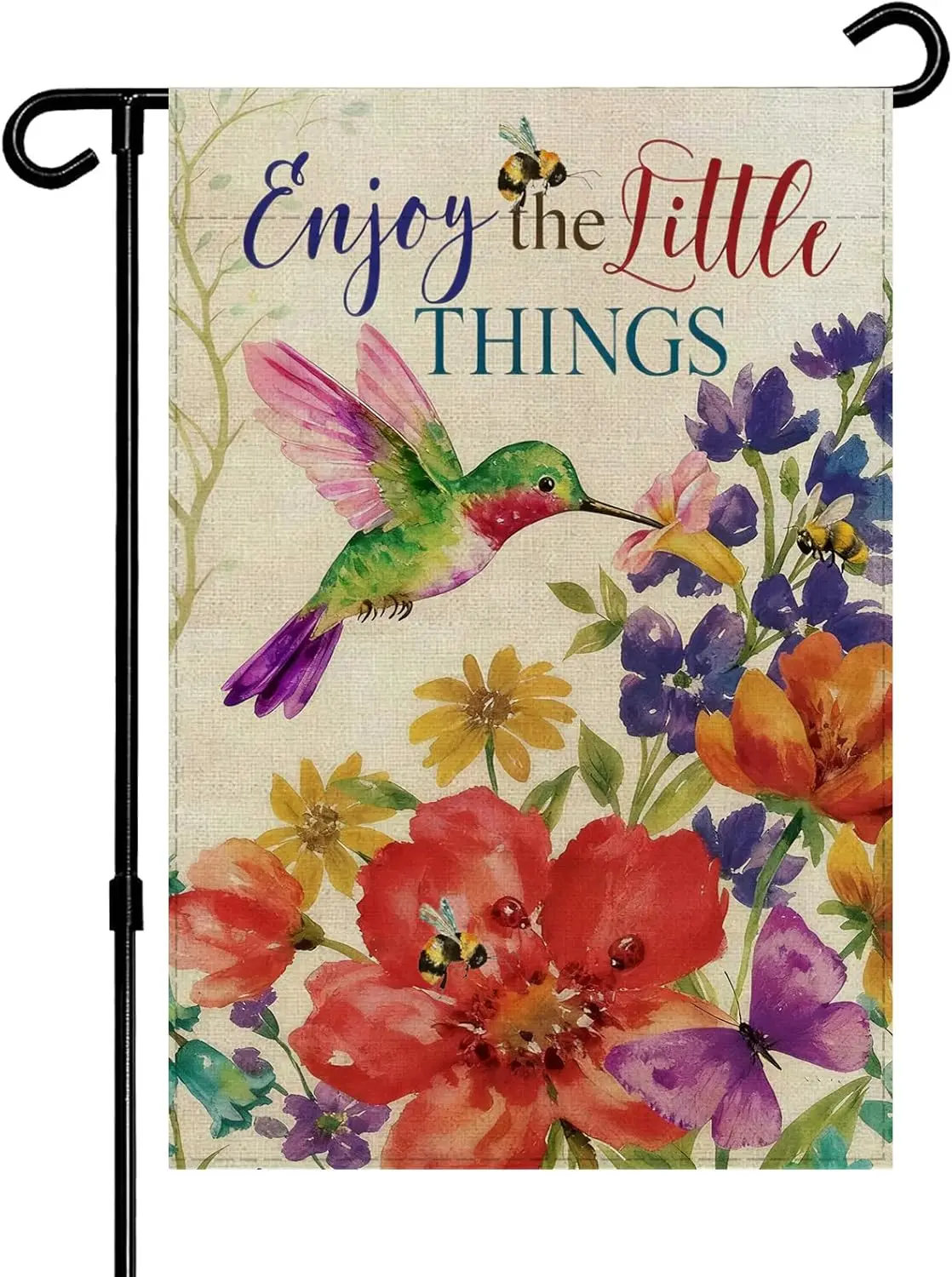 Enjoy The Little Things Spring Summer Garden Flag, Floral Hummingbird Butterfly Bee Double Sided 12x18 Inch Burlap Outdoor D WWP