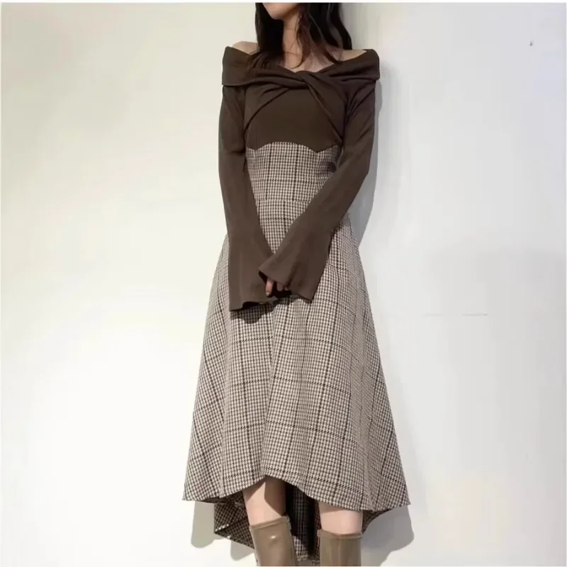 Japan Kink Off Shoulder Vestidos Fake Two Piece Women 2025 Vestido Spliced Plaid Dresses Long Sleeve Dress High Waist Clothing