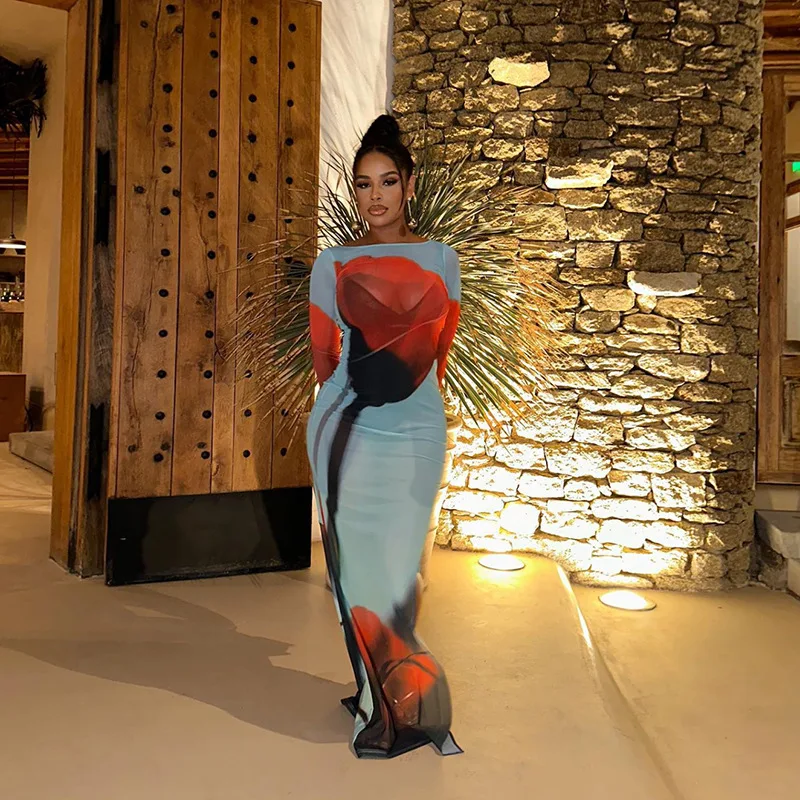 New Summer Sexy Cover-Ups Sheer Mesh Long Dress for Women Fashion Print Side Split Bikini Long Sleeve Slim Fit Beach Dresses