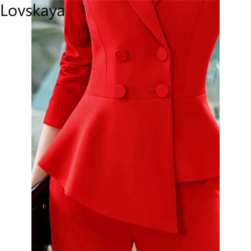 Women\'s Elegant Office Work Suit, Double Row Buttons Blazer, Monochromatic, Slim, Red, New