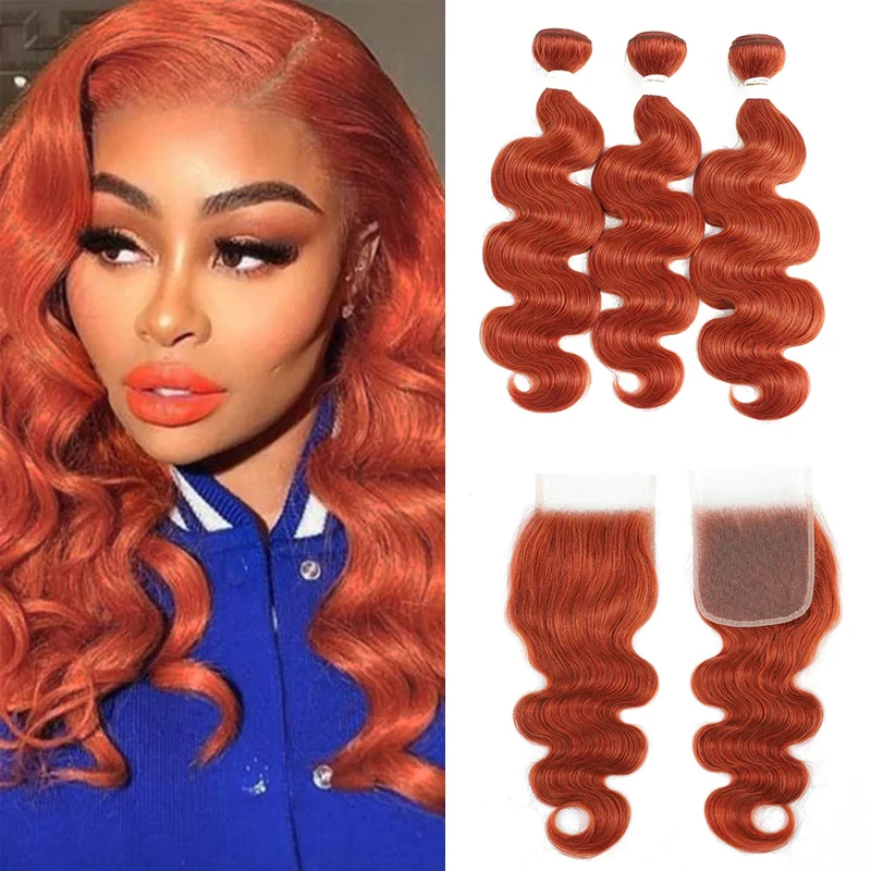 

Ginger Burnt Orange Color 350 Body Wave Human Hair Bundles With Closure 4x4 SOKU Brazilian Remy Hair Weave Bundles With Closure