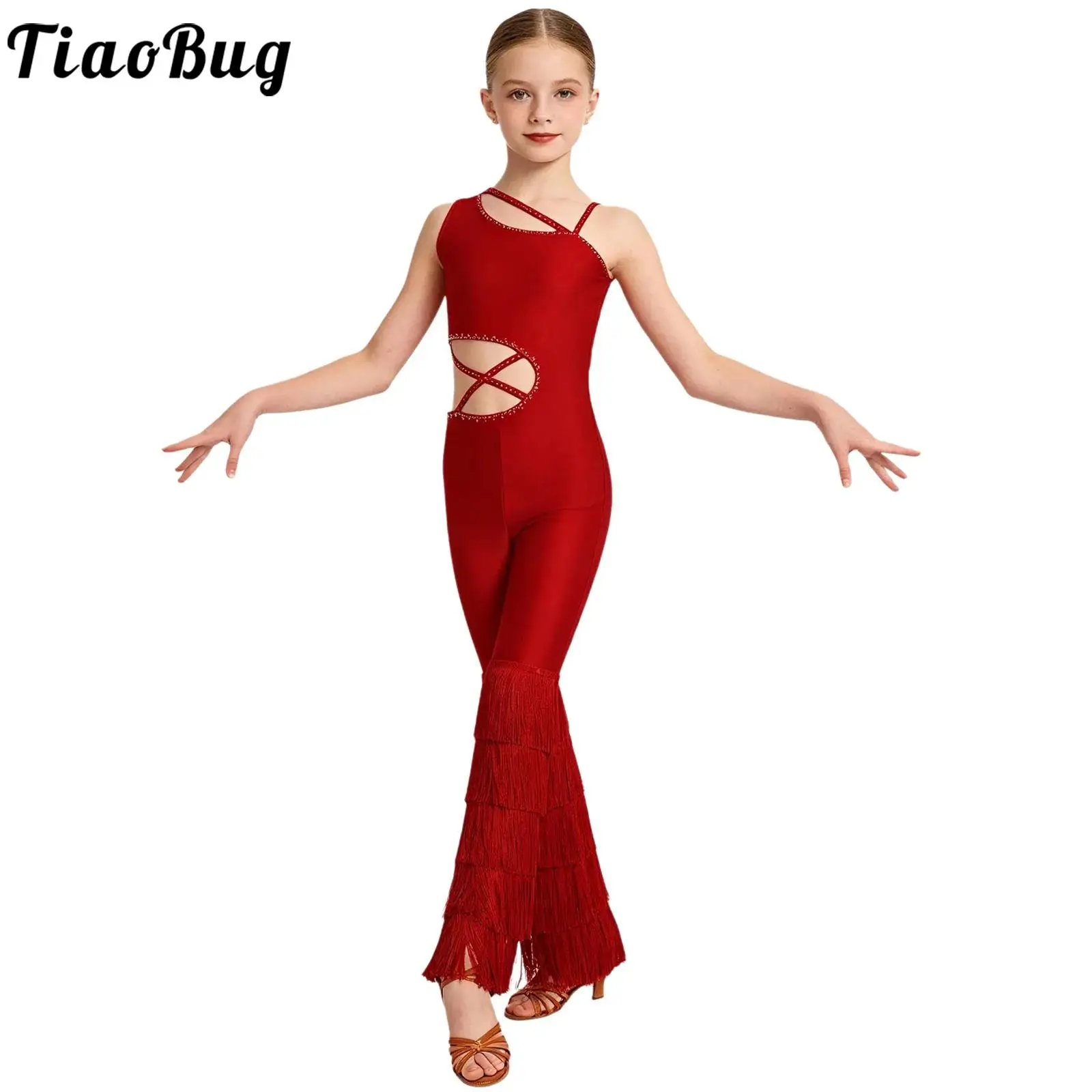Kids Girls Latin Dance Jumpsuit Tango Cha-cha Salsa Costume Cutout Sleeveless Shiny Rhinestone Tassel Bodysuit Modern Dancewear