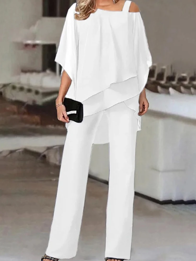 Women Casual Bat Sleeve Chiffon 2Pc Outfits Fashion Commuting Wide Legger Suits Sexy Slanted Shoulder Irregular Tops & Pant Set