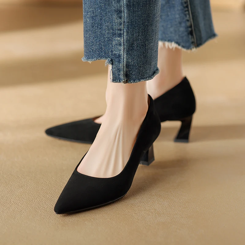 

Spring/Autumn New Women Shoes Pointed Toe Chunky Shoes Sheep Suede Women Pumps French Retro Style Ladies Shoes Mature High Heels