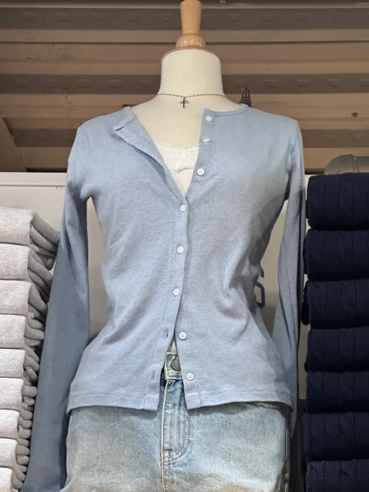 

Тонкая футболка с длинным рукавом, кардиган, женская осенняя однобортная футболка с круглым вырезом, женские милые простые базовые синие хлопковые трикотажные изделия