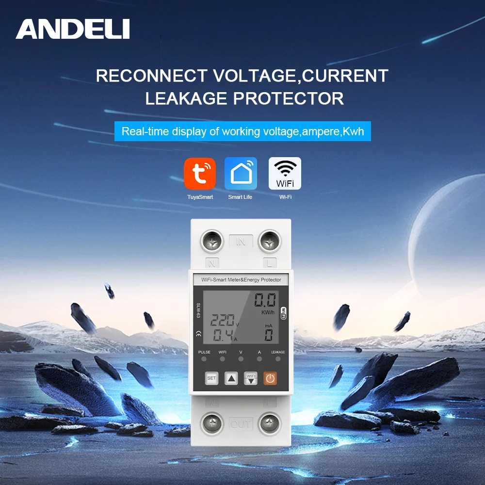 ANDELI Tuya WiFi Smart DIN-rail Circuit Breaker Single Phase Over-Under Voltage Protector with Digital Display Energy Meter