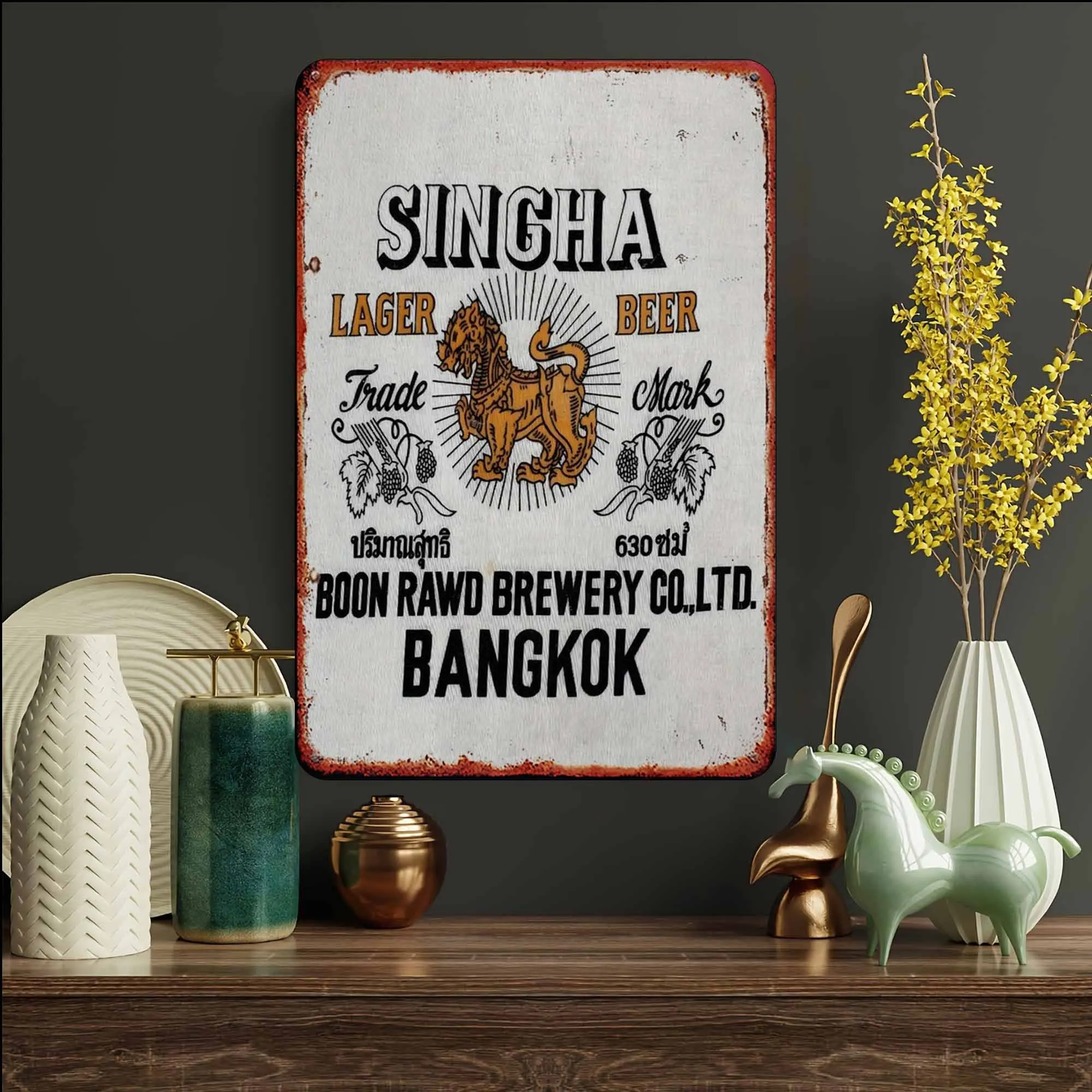 Letrero metálico con logotipo de león de la cerveza Singha Lager, decoración de pared para dormitorio, bar, garaje y jardín al aire libre