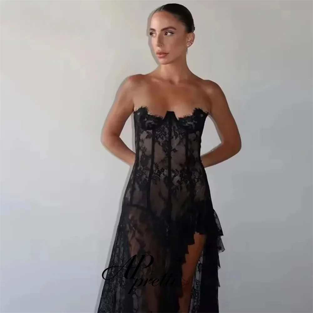 AP pretti Gorgeous Black Strapless Lace Evening Gown Dress Side High Slit Asymmetrical Hem Party Dress Customized Prom Gown