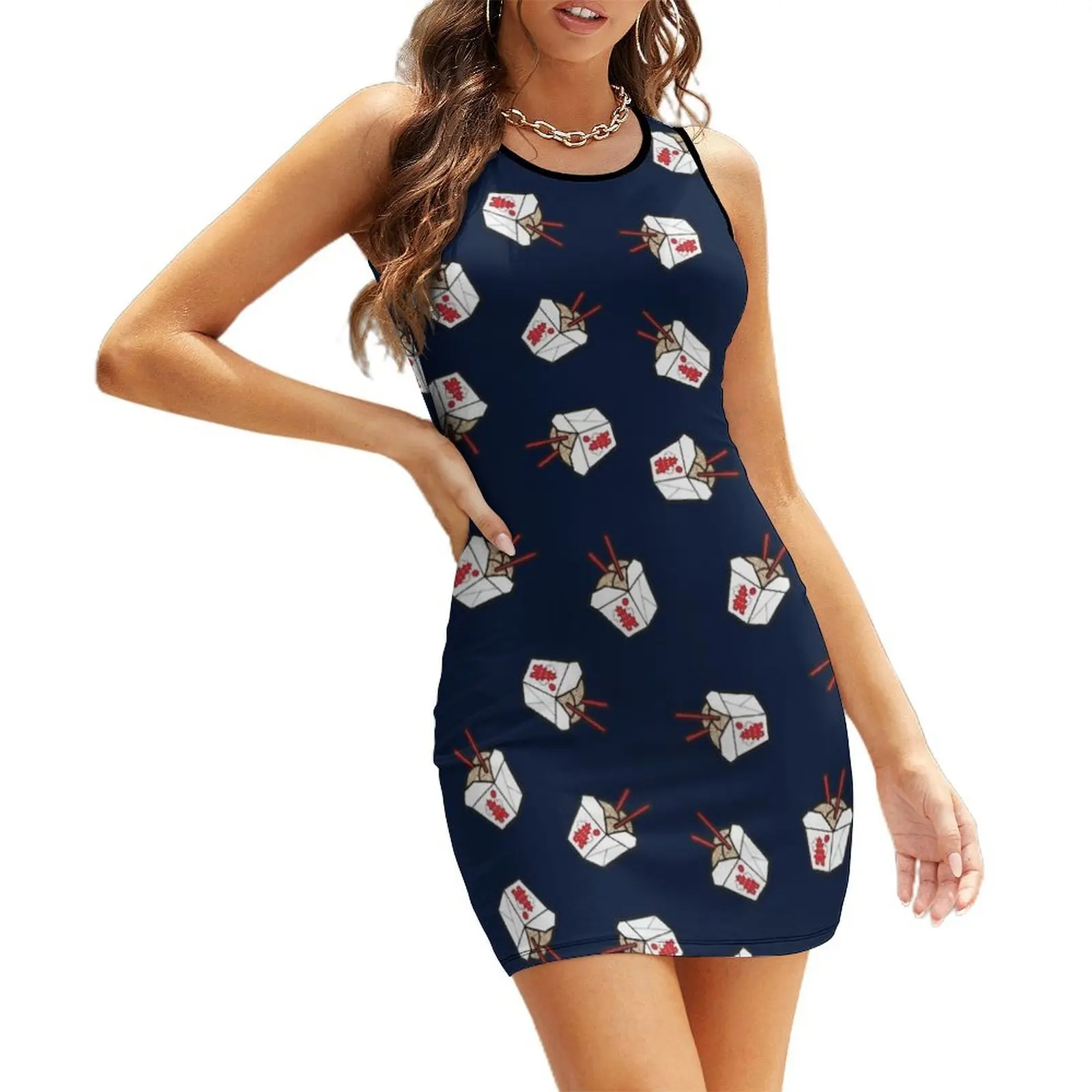 

Take-Out Noodles Box Pattern on Navy Blue Sleeveless Sundress dress party night sexy dress for women luxury woman evening dress