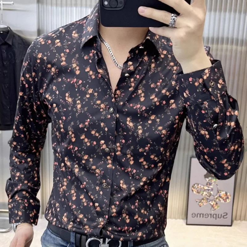 Trendy Spring New Men\'s Colored Shirt European Fashion Printed Elastic Slim Fit Long Sleeved Shirt Casual Business Camisa Hombre