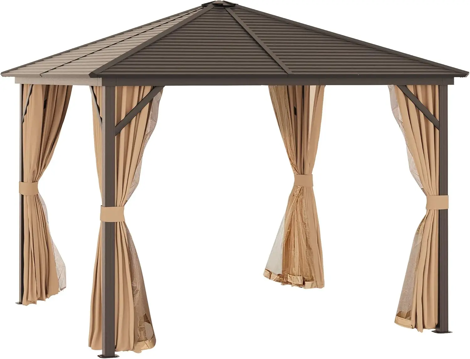 

10' x 10' Hardtop Gazebo with Curtains and Netting Permanent Pavilion Metal Single Roof Gazebo Canopy with Aluminum Frame