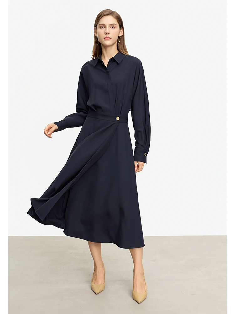 AMII Minimalist French Long-sleeve Shirt Dress for Women 2023 Autumn New Waist A-line Office Lady Solid Midi Vestidos 12343290