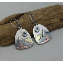 Vintage Silver Color Mountain Round Simple Blue Stone Earrings for Women Dangle Jewelry