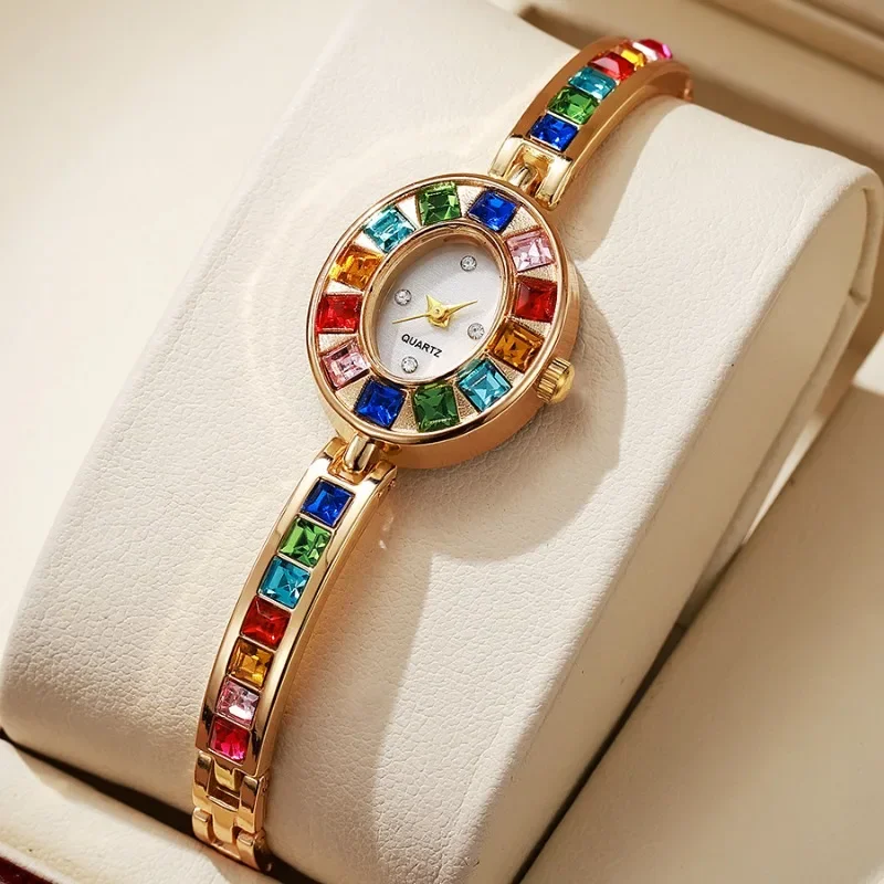 

Women Fashion Rainbow Quartz Watches New Rhinestone Strap Oval Dial Bracelet Watch Wristwatches Clock Montre Femme