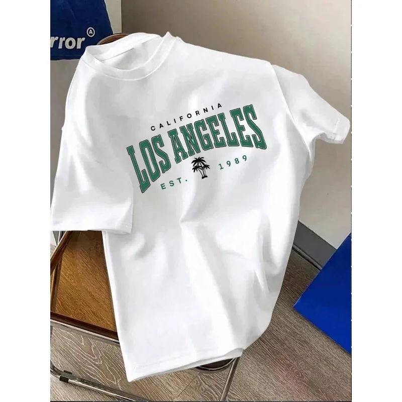 Retro Los Angeles Letter Graphic Tee for Men Breathable 100% Cotton Perfect for Summer Streetwear Casual Style