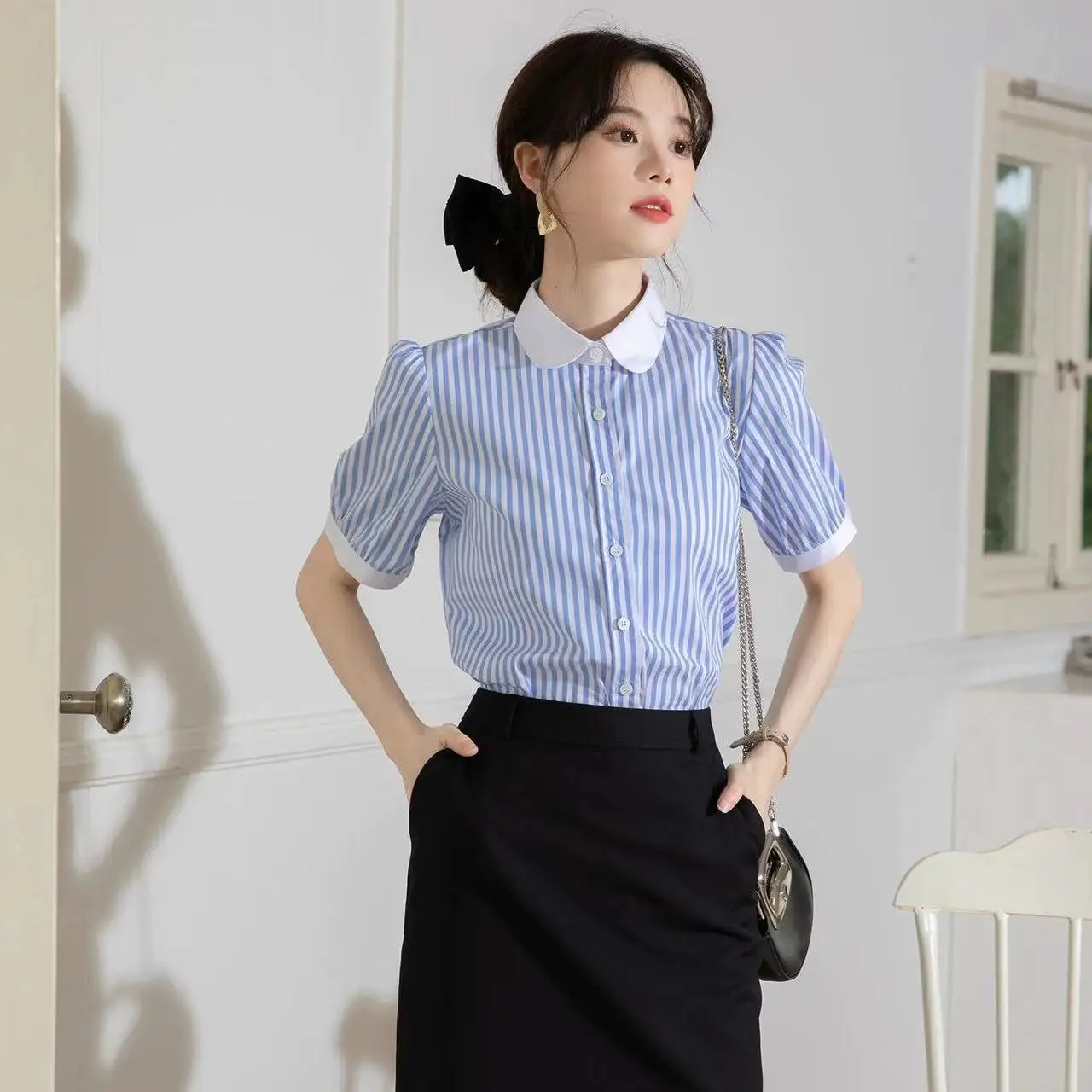 

Summer Thin Doll Collar Commuting OL Top for Women's Cardigan Blue Striped Shirt for Women Short-sleeved Niche